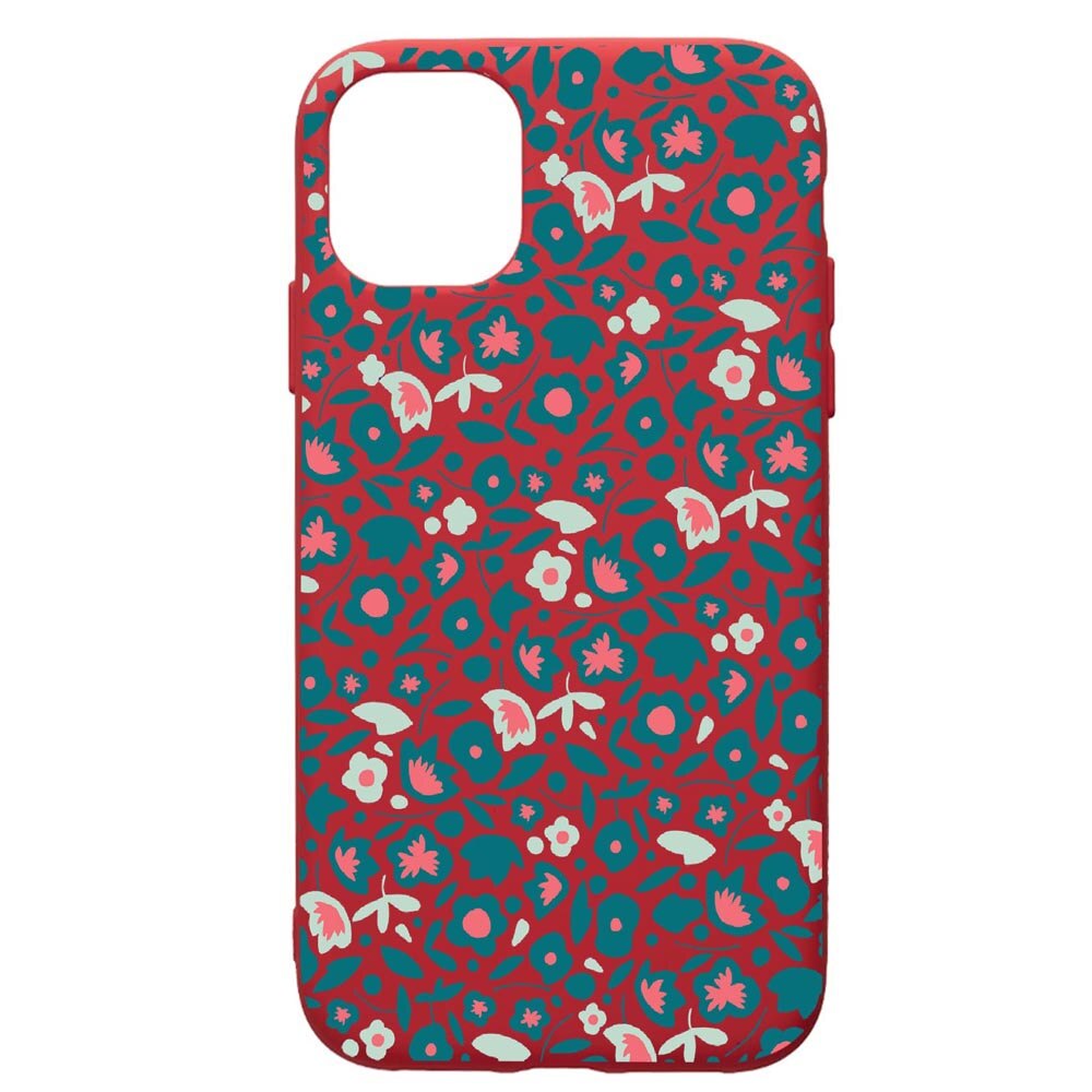 Husa de protectie Apple iPhone 11, Green Flowers Pattern, silicon, cu interiorul din material textil, protectie camera, Red, PR632