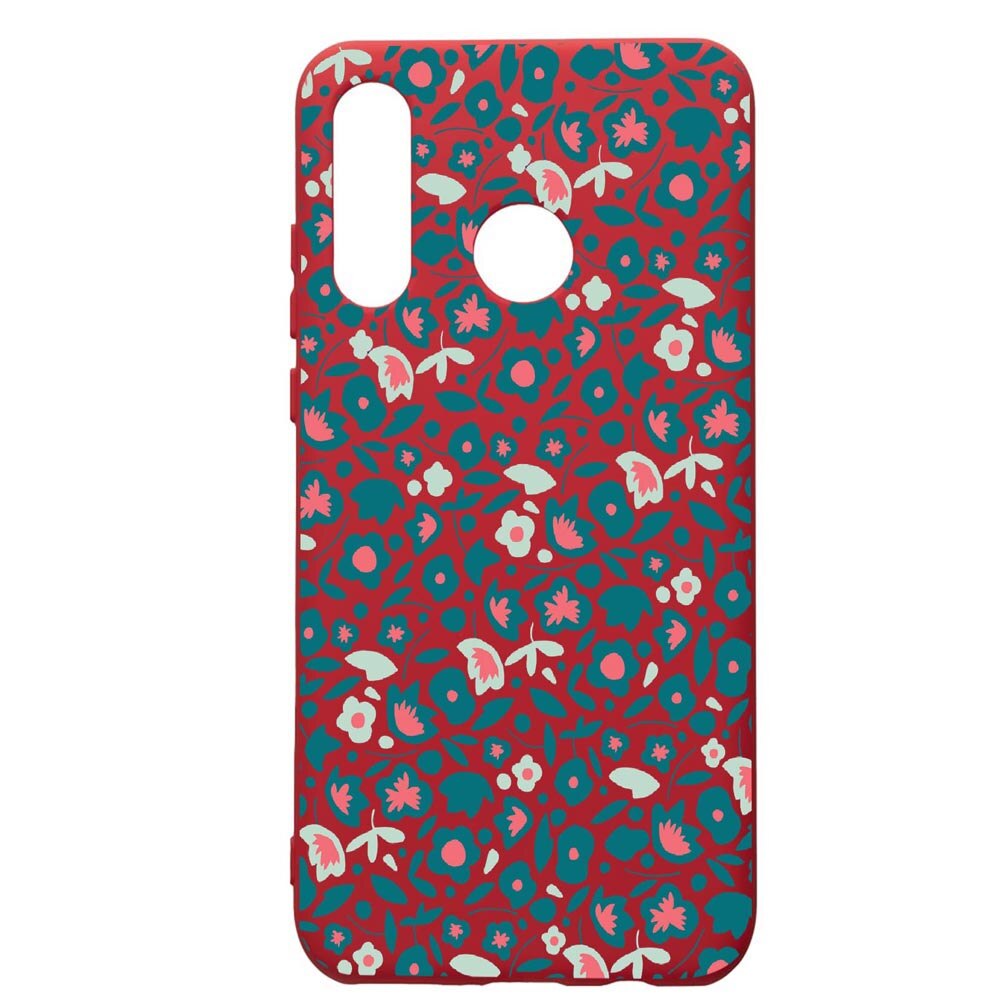 Husa de protectie Huawei P30 Lite, Green Flowers Pattern, silicon, cu interiorul din material textil, protectie camera, Red, PR632