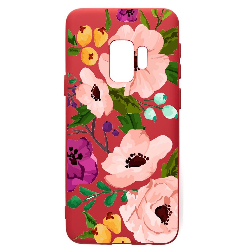 Husa de protectie Samsung Galaxy S9, Flowers, silicon, cu interiorul din material textil, protectie camera, Red, PR629