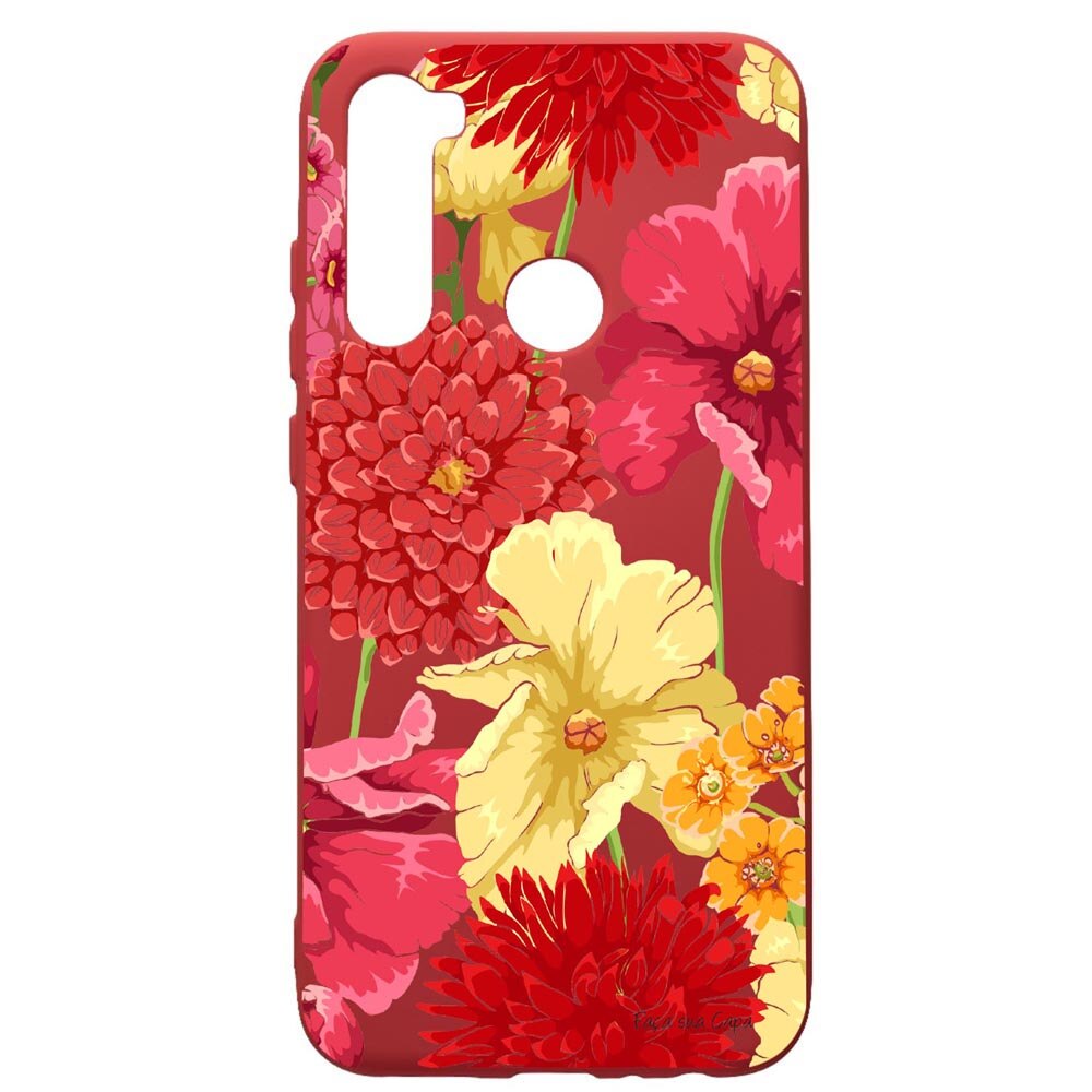 Husa de protectie Xiaomi Redmi Note 8, Flowers - Red Yellow, silicon, cu interiorul din material textil, protectie camera, Red, PR634