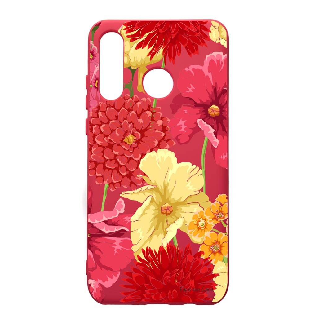 Husa de protectie Huawei P30 Lite, Flowers - Red Yellow, silicon, cu interiorul din material textil, protectie camera, Maroon, PM634