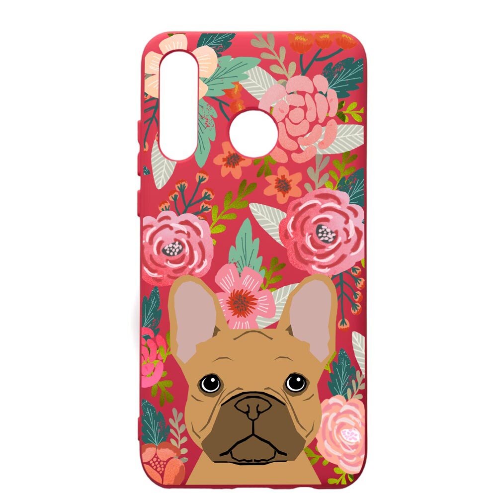 Husa de protectie Huawei P30 Lite, Dog In Flowers, silicon, cu interiorul din material textil, protectie camera, Maroon, PM637