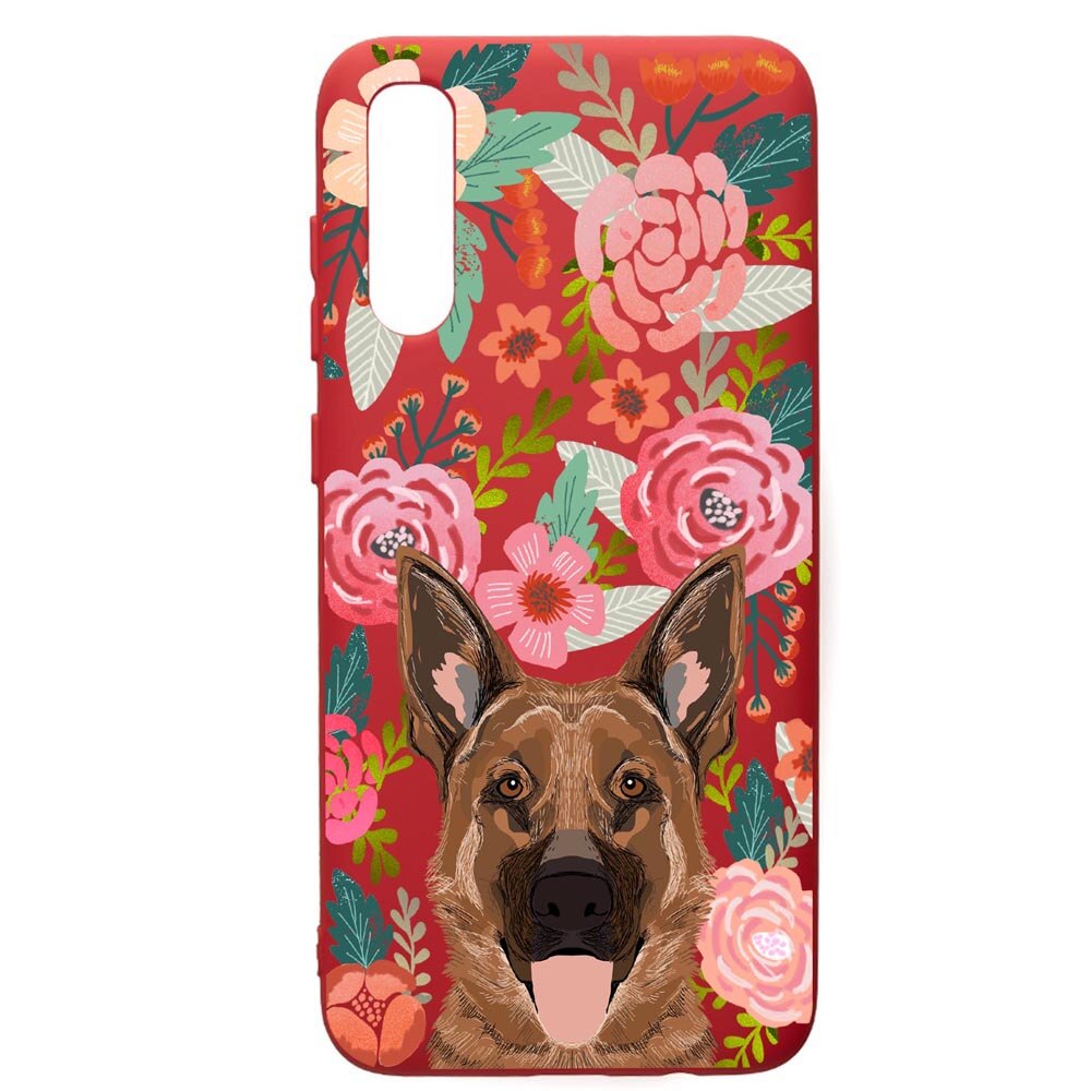 Husa de protectie Samsung Galaxy A50, Dog In Flowers, silicon, cu interiorul din material textil, protectie camera, Red, PR636