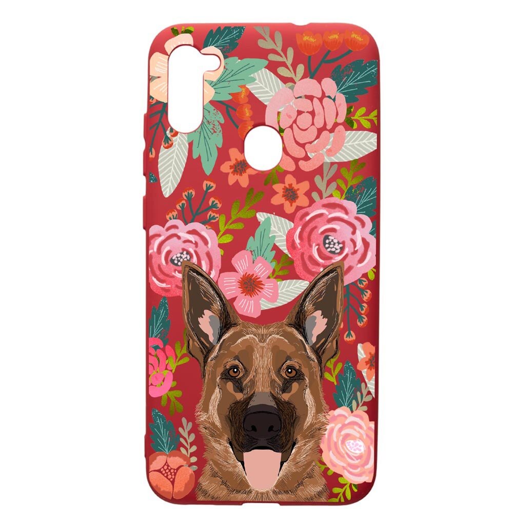 Husa de protectie Samsung Galaxy A11, Dog In Flowers, silicon, cu interiorul din material textil, protectie camera, Red, PR636