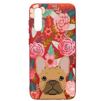 Husa de protectie Samsung Galaxy A70, Dog In Flowers, silicon, cu interiorul din material textil, protectie camera, Red, PR637 Husa de protectie Samsung Galaxy A70, Dog In Flowers, silicon, cu interiorul din material textil, protectie camera, Red, PR637