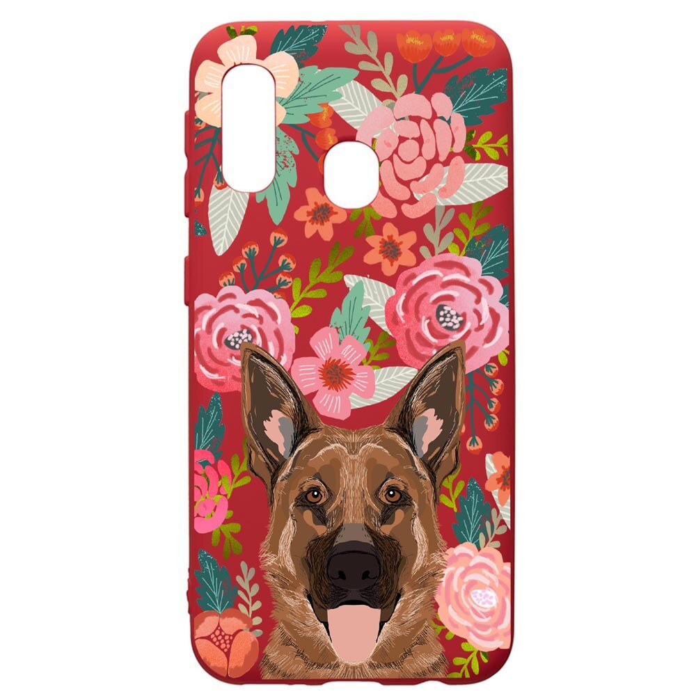 Husa de protectie Samsung Galaxy A20E, Dog In Flowers, silicon, cu interiorul din material textil, protectie camera, Red, PR636
