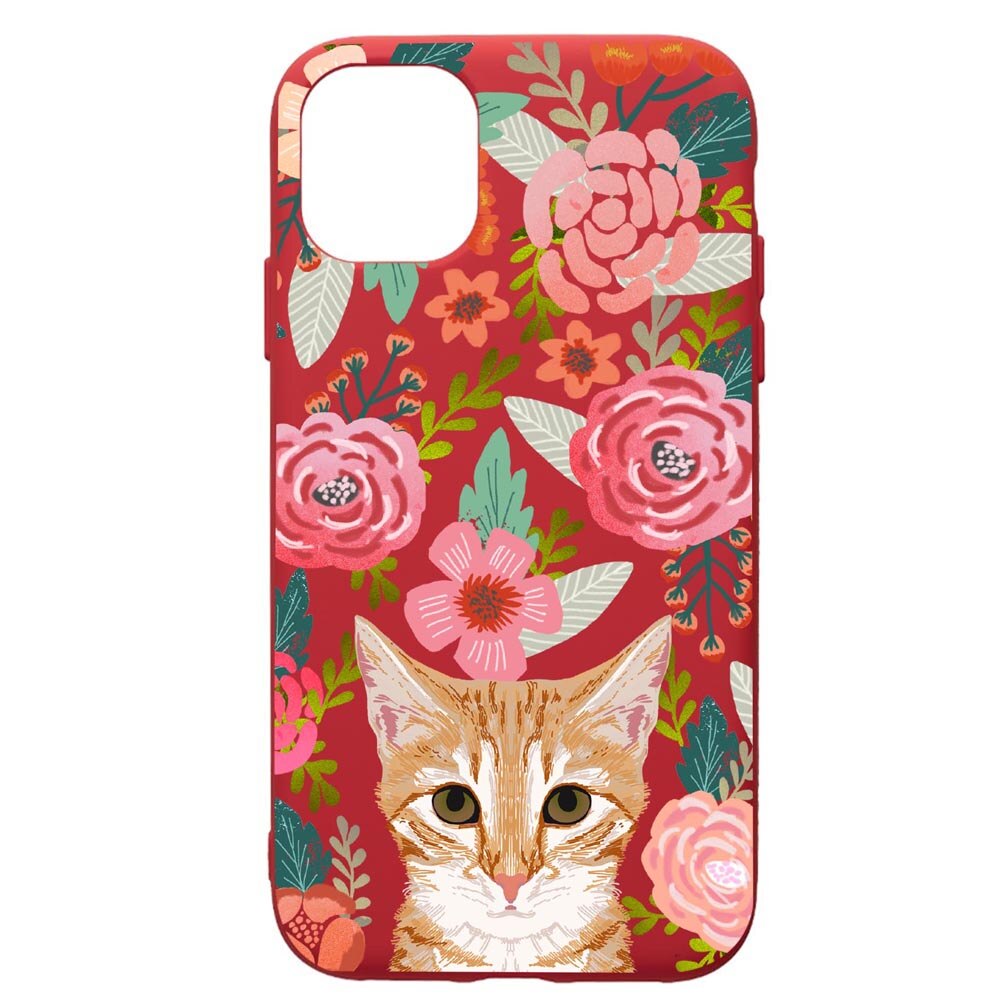 Husa de protectie Samsung Galaxy A51, Cat In Flowers, silicon, cu interiorul din material textil, protectie camera, Red, PR638