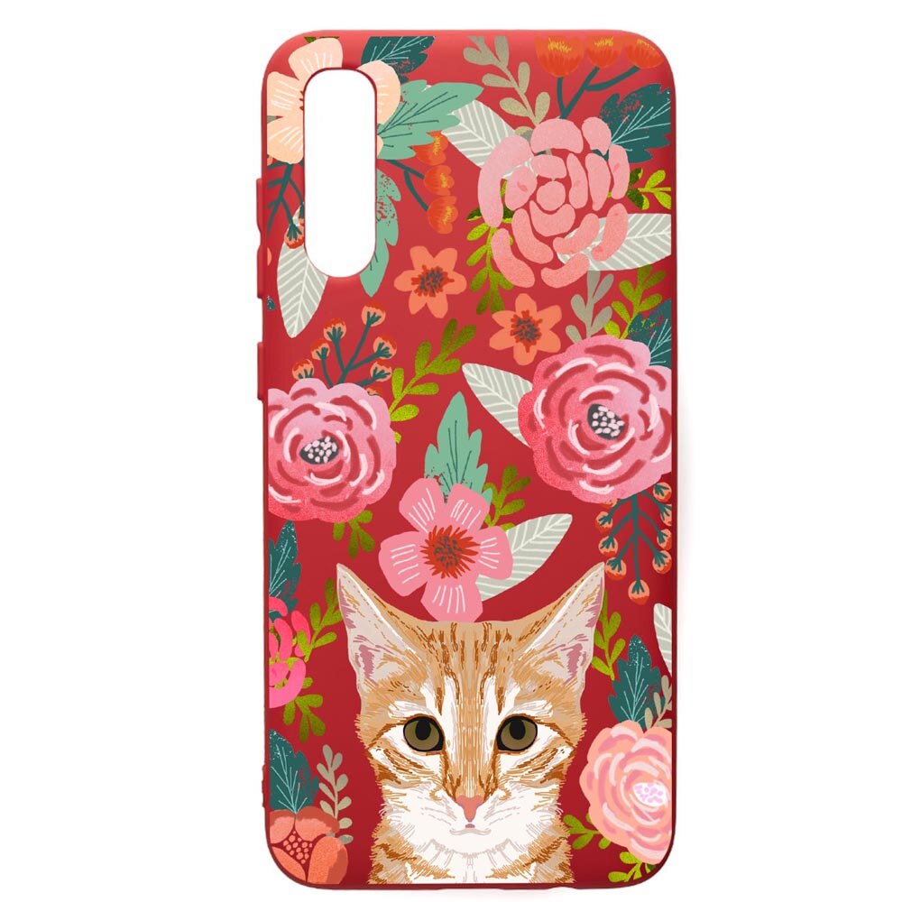 Husa de protectie Samsung Galaxy A70, Cat In Flowers, silicon, cu interiorul din material textil, protectie camera, Red, PR638
