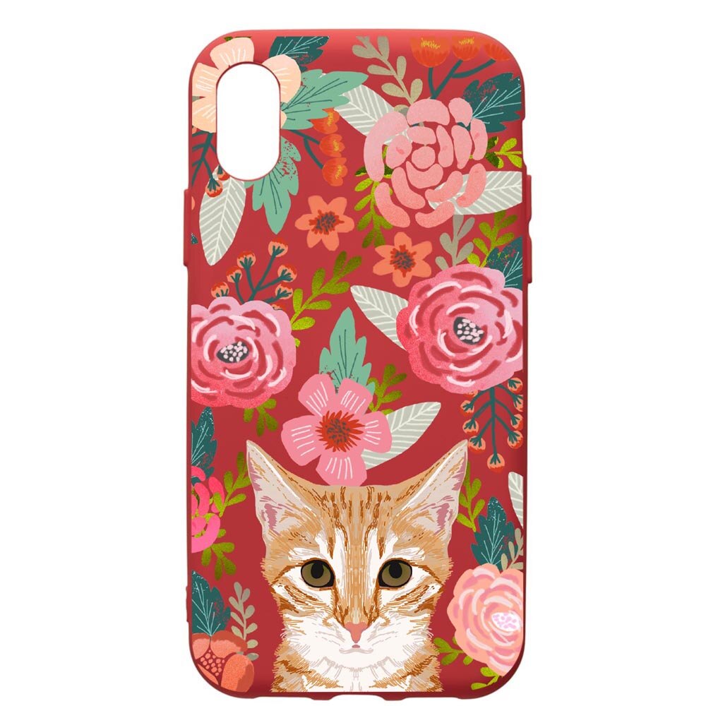 Husa de protectie Samsung Galaxy A01, Cat In Flowers, silicon, cu interiorul din material textil, protectie camera, Red, PR638