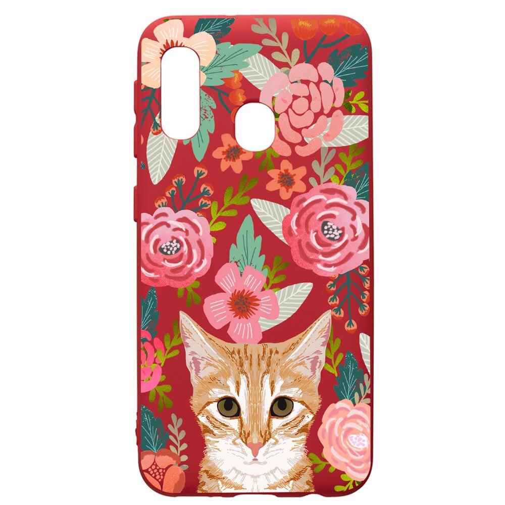 Husa de protectie Samsung Galaxy A20E, Cat In Flowers, silicon, cu interiorul din material textil, protectie camera, Red, PR638