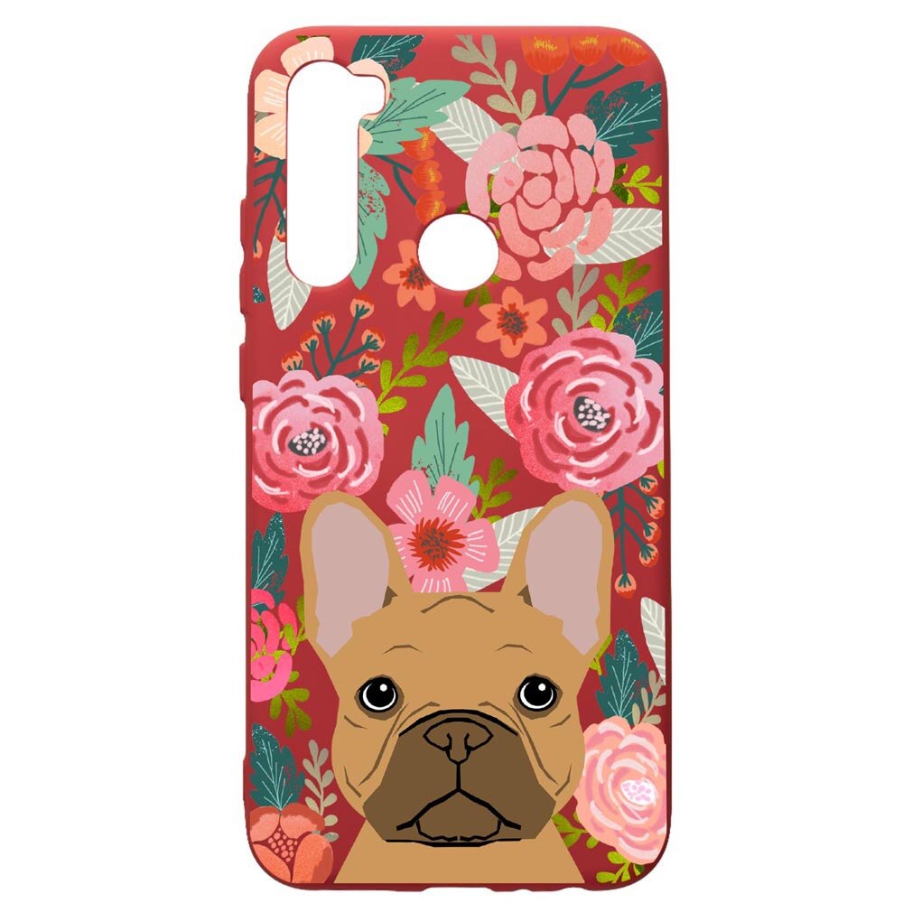 Husa de protectie Xiaomi Redmi Note 8, Dog In Flowers, silicon, cu interiorul din material textil, protectie camera, Red, PR637