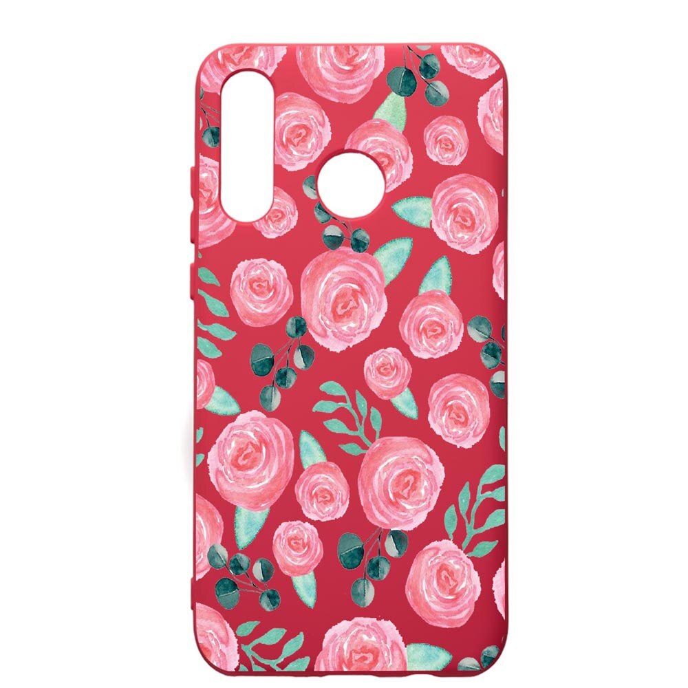 Husa de protectie Huawei P30 Lite, Rose Pattern, silicon, cu interiorul din material textil, protectie camera, Maroon, PM640