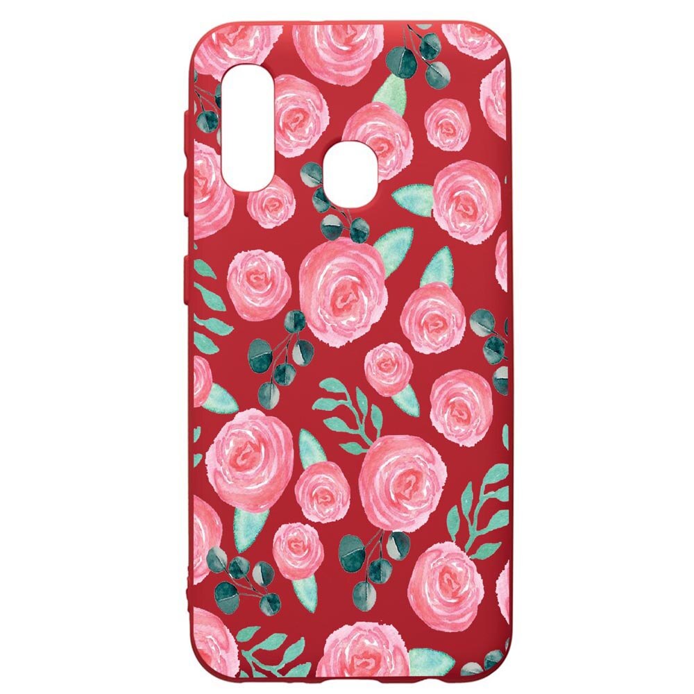 Husa de protectie Samsung Galaxy A40, Rose Pattern, silicon, cu interiorul din material textil, protectie camera, Red, PR640
