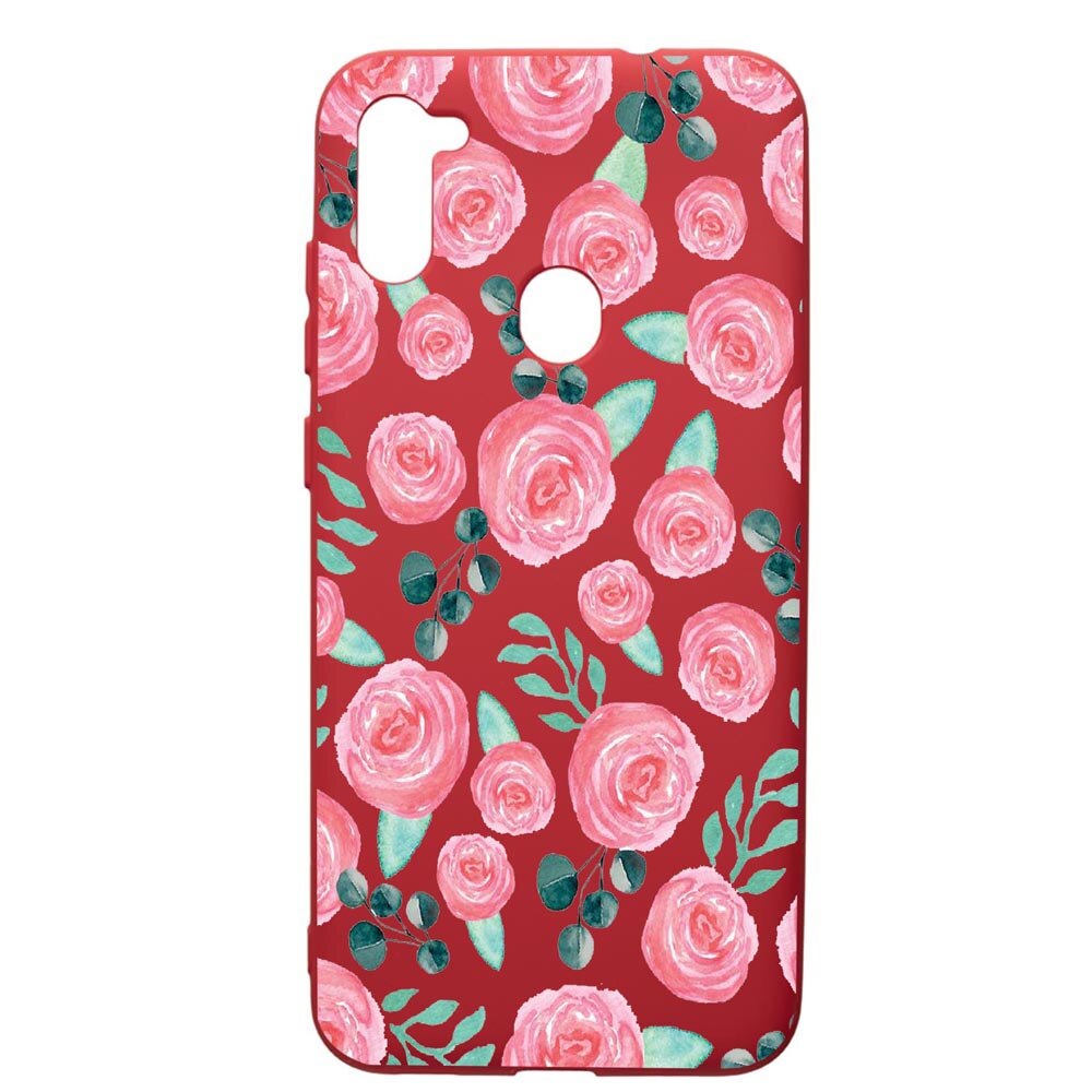Husa de protectie Samsung Galaxy A11, Rose Pattern, silicon, cu interiorul din material textil, protectie camera, Red, PR640
