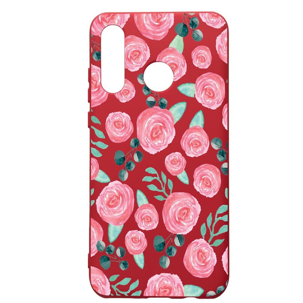 Husa de protectie Huawei P30 Lite, Rose Pattern, silicon, cu interiorul din material textil, protectie camera, Red, PR640