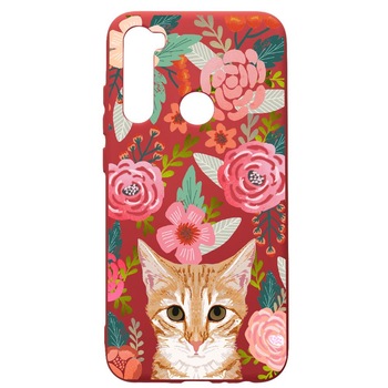 Husa de protectie Xiaomi Redmi Note 8, Cat In Flowers, silicon, cu interiorul din material textil, protectie camera, Red, PR638 Husa de protectie Xiaomi Redmi Note 8, Cat In Flowers, silicon, cu interiorul din material textil, protectie camera, Red, PR638