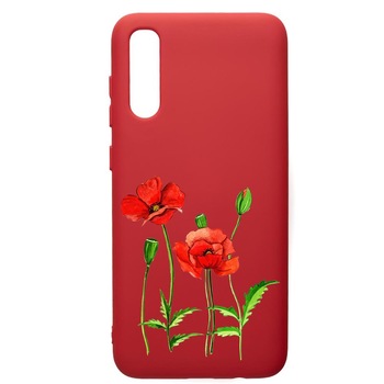 Husa de protectie Samsung Galaxy A70, Flower, silicon, cu interiorul din material textil, protectie camera, Red, PR643 Husa de protectie Samsung Galaxy A70, Flower, silicon, cu interiorul din material textil, protectie camera, Red, PR643