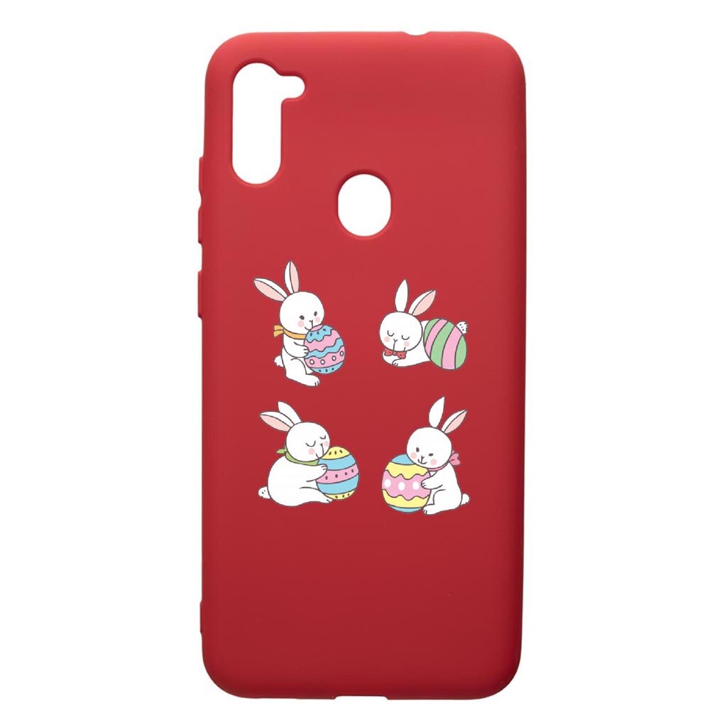 Husa de protectie Samsung Galaxy A11, Rabbits Easter, silicon, cu interiorul din material textil, protectie camera, Red, PR690