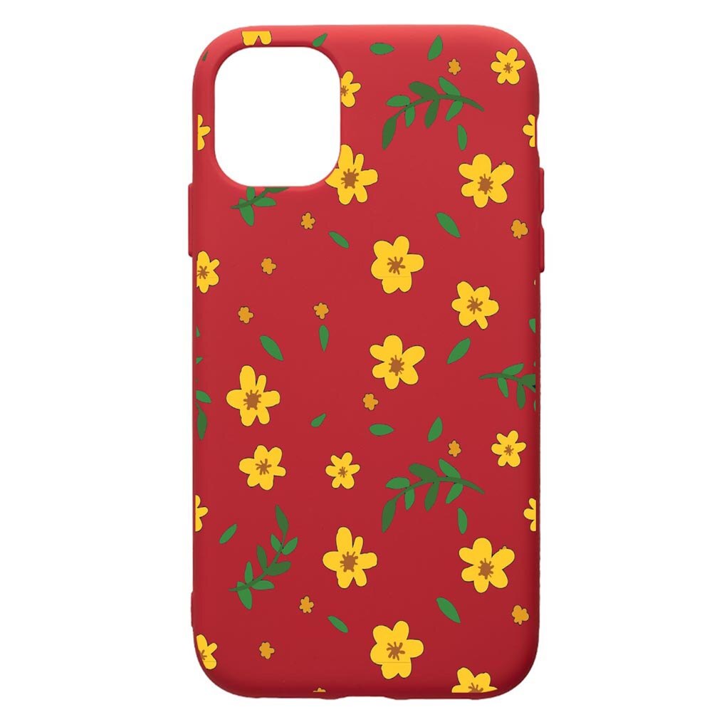 Husa de protectie Apple iPhone 12 Mini, Little Yellow Flowers, silicon, cu interiorul din material textil, protectie camera, Red, PR696