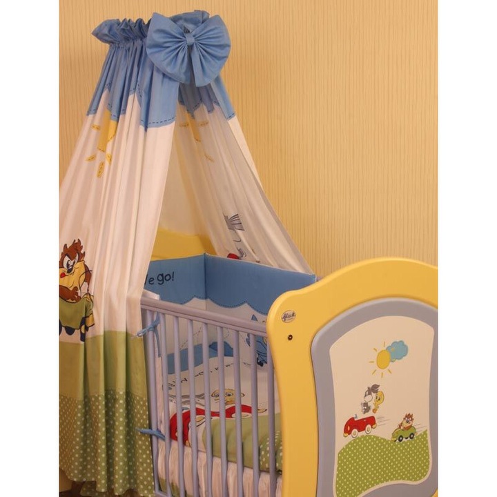 Детски спален комплект GLUCK Warner Bros, 4 части, Зелен, памучен сатен, калъф за възглавница, калъф за юрган, обиколник и балдахин