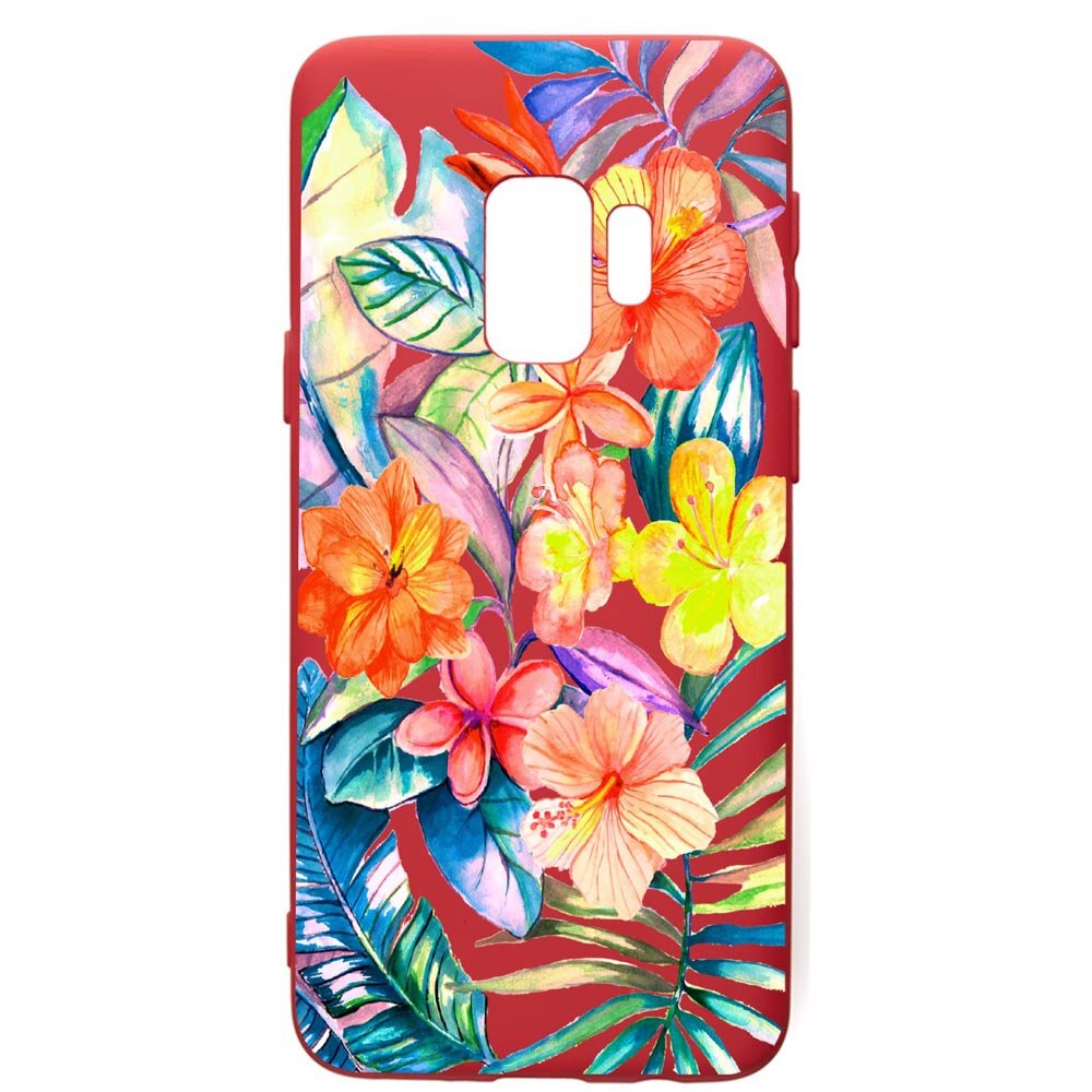 Husa de protectie Samsung Galaxy S9, Tropical Flowers, silicon, cu interiorul din material textil, protectie camera, Red, PR498