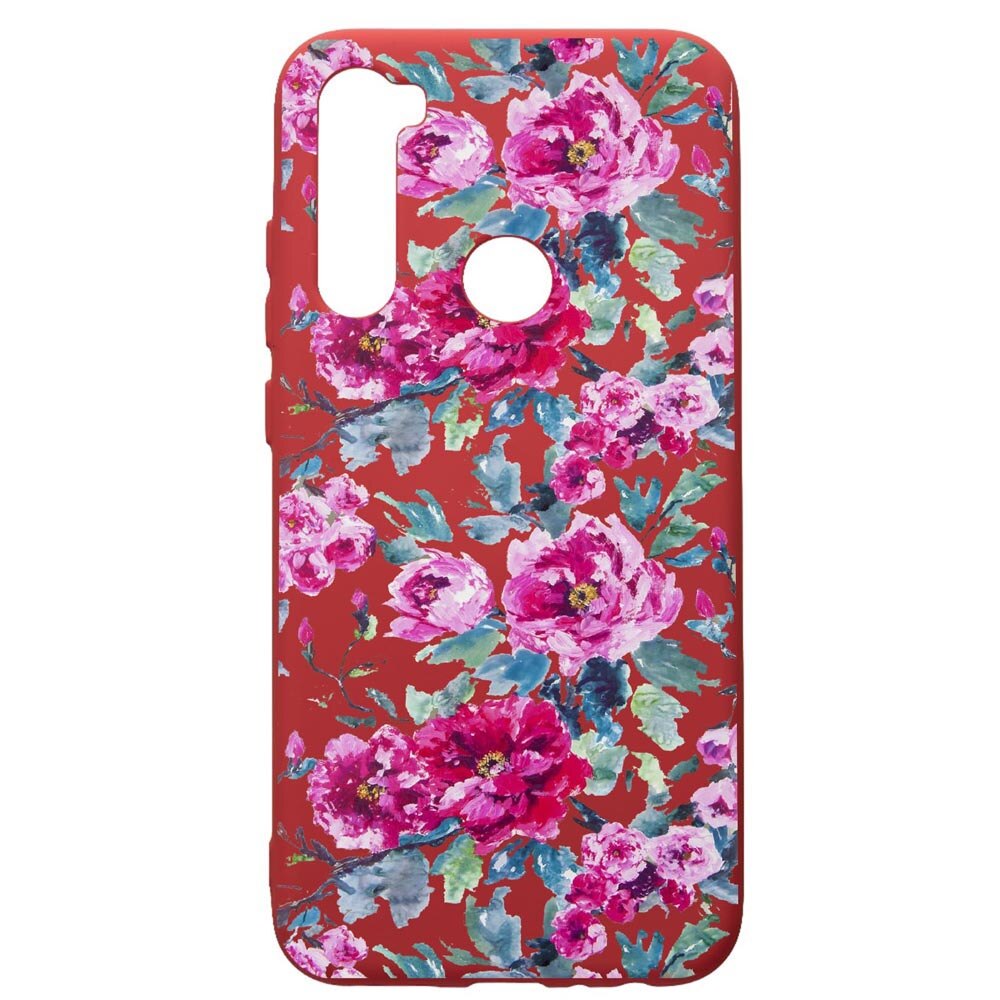 Husa de protectie Xiaomi Redmi Note 8, Flowers, silicon, cu interiorul din material textil, protectie camera, Red, PR507