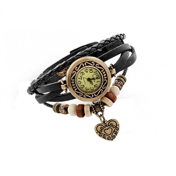 Ceas de dama Retro Vintage, curea din imitatie de piele, accesoriu inima, culoare negru Ceas de dama Retro Vintage, curea din imitatie de piele, accesoriu inima, culoare negru