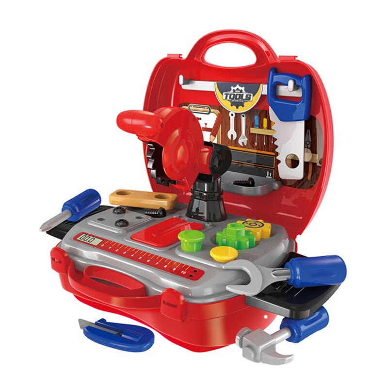 Set unelte dulgher cu gentuta pentru transport, 19 piese, Rosu, 3 ani +