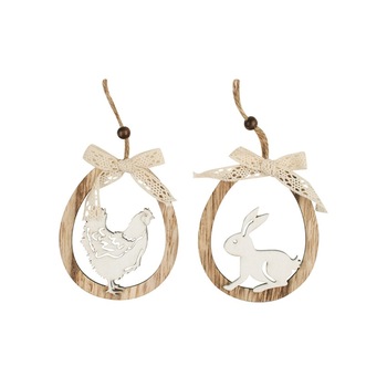 Set 2 oua din lemn, decorate cu dantela si figurine lemn gravate, 11 cm, W8145 Set 2 oua din lemn, decorate cu dantela si figurine lemn gravate, 11 cm, W8145