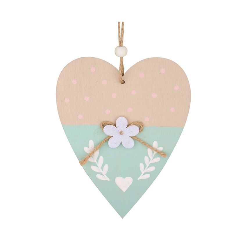 Inima din lemn, decorata roz-albastru, 14 cm