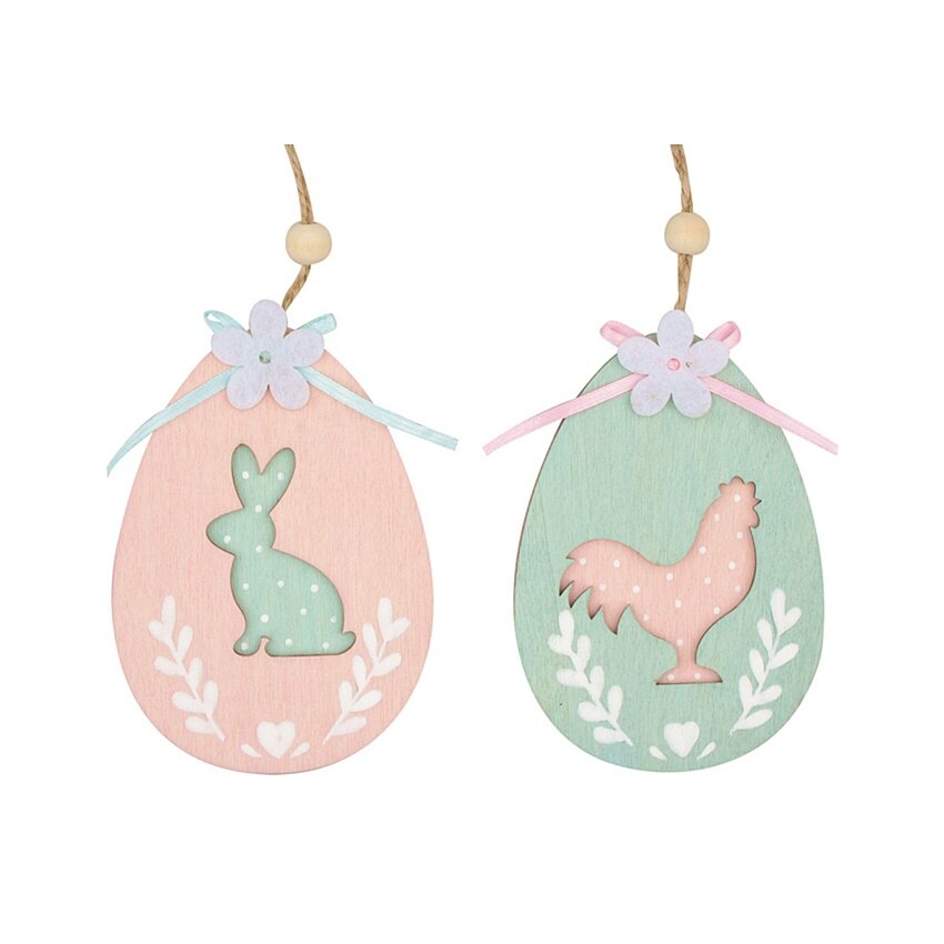 Set 2 oua din lemn pentru agatat, motive pasti iepure + gaina, 12 cm