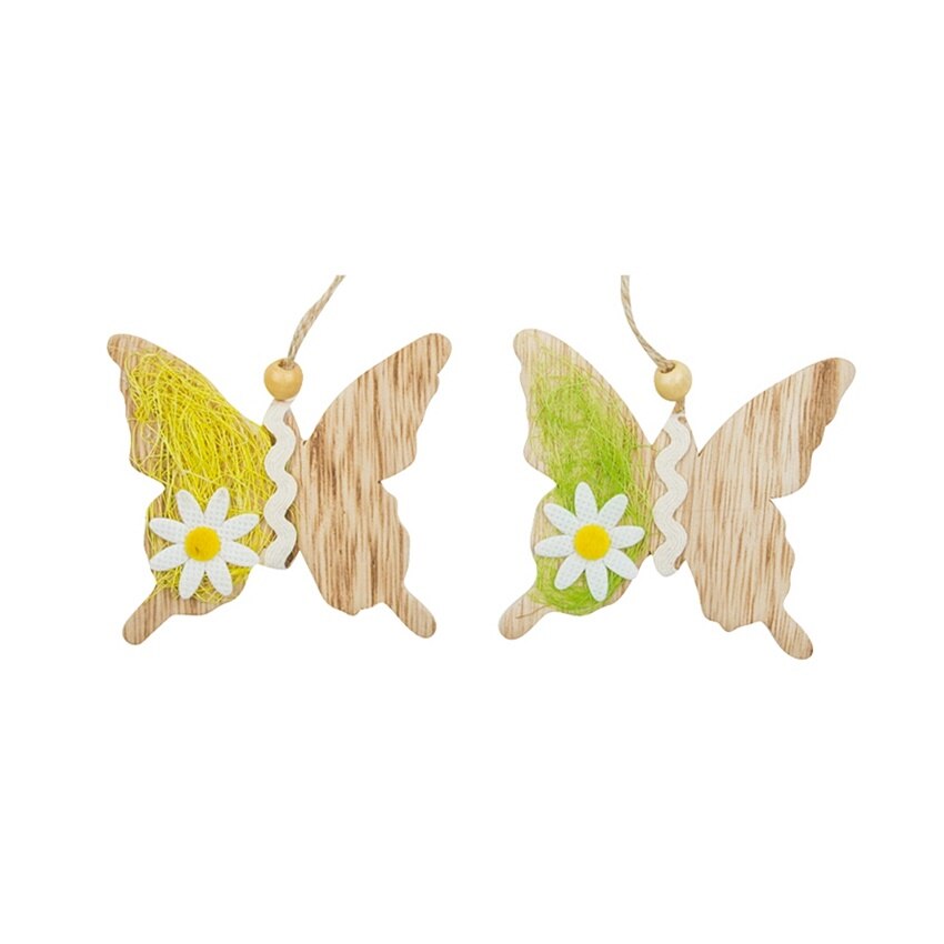 Set 2 fluturasi decorativi din lemn, cu sisal si margareta fetru, 8.5 cm