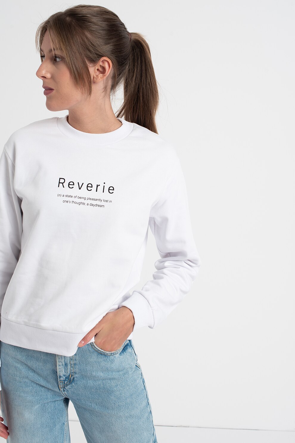 NA-KD, Bluza sport cu decolteu la baza gatului si imprimeu text, Alb