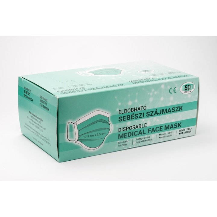 Eldobható magyar gyártású sebészi szájmaszk, 3 rétegű, Nem steril, Kék színű, 50 db