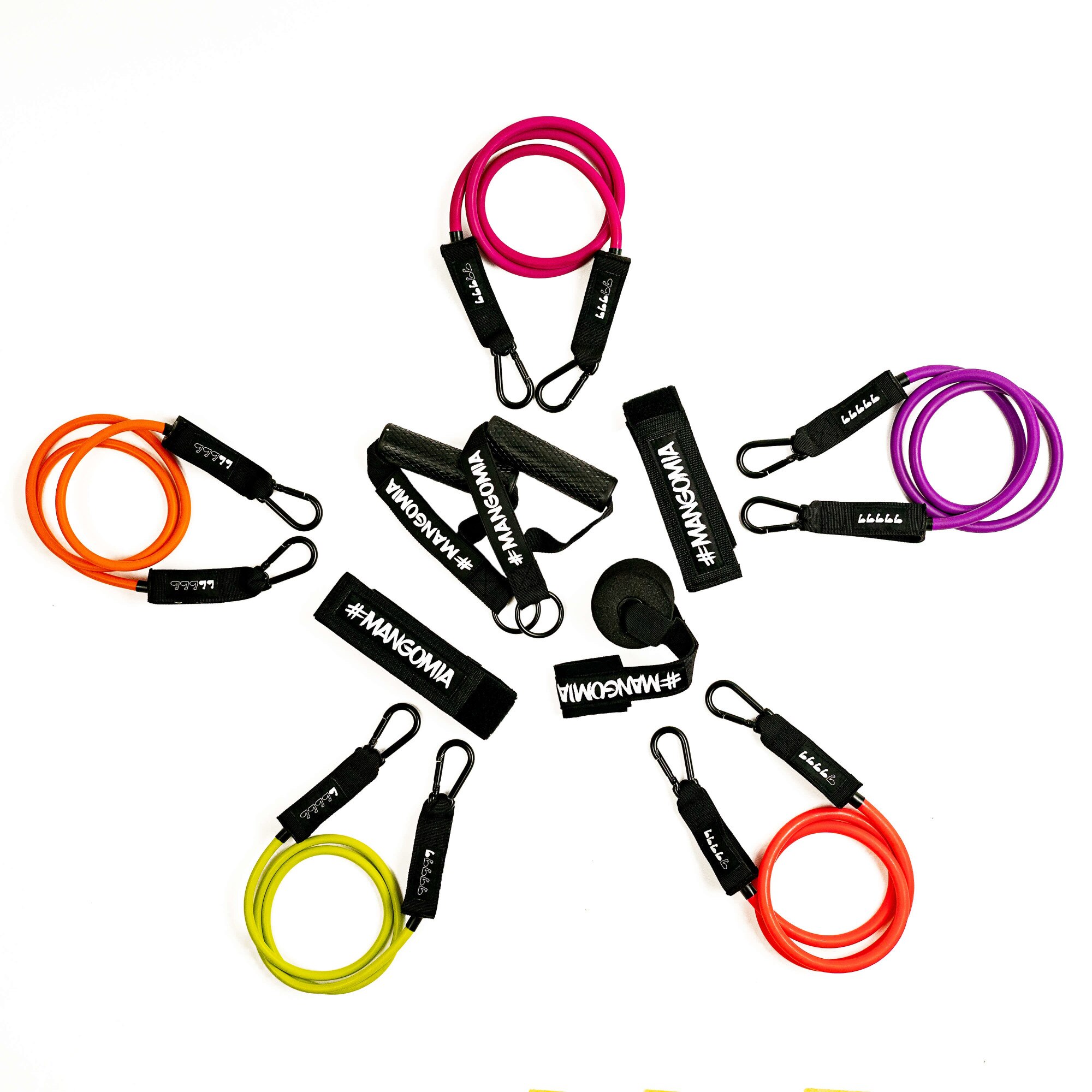 Set 11 piese Extensor fitness cu corzi elastice, latex, MangoMia, multicolor, manere, ancora usa si curele pentru glezna cu saculet de transportare