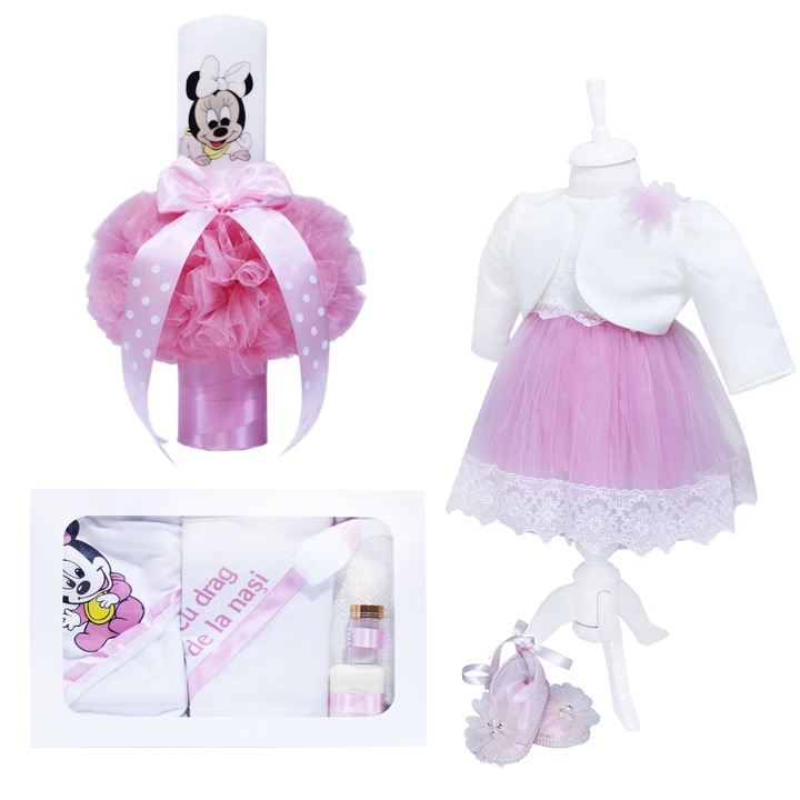 Set complet pentru botez, lumanare roz cu "Minnie Mouse", rochie roz din tulle si satin, trusou imprimat cu "Minnie Mouse" si mesajul"Cu drag de la nasi" si pantofiori, 11 piese, REC939, 8-12 luni