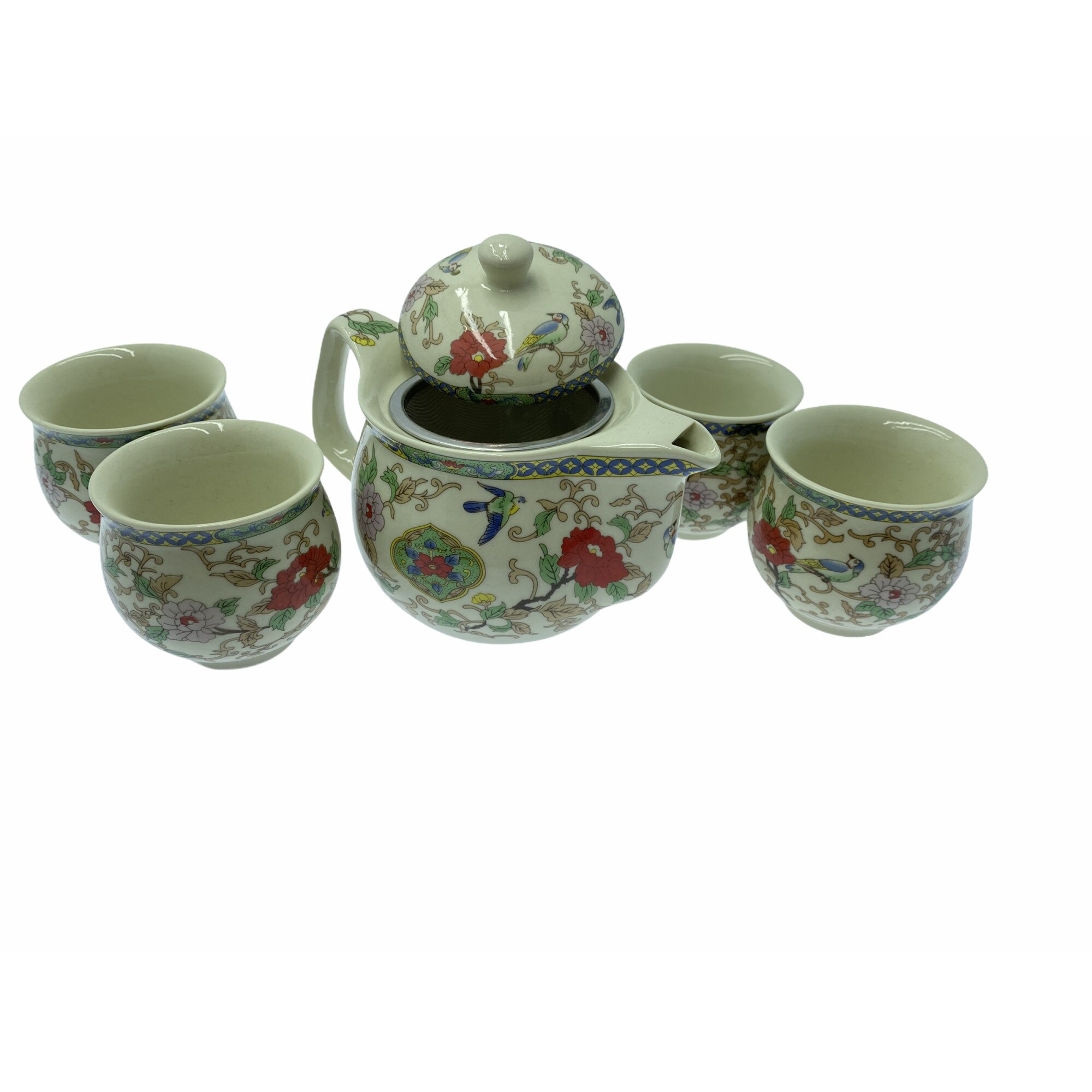 Ceainic cu 4 pahare, Atelier, Model Floral, Alb/Rosu, 0.5l