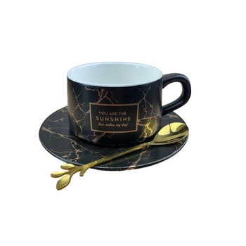 Set Ceasca de cafea 220ml cu farfurie si lingurita, Design Piatra, Neagra Set Ceasca de cafea 220ml cu farfurie si lingurita, Design Piatra, Neagra