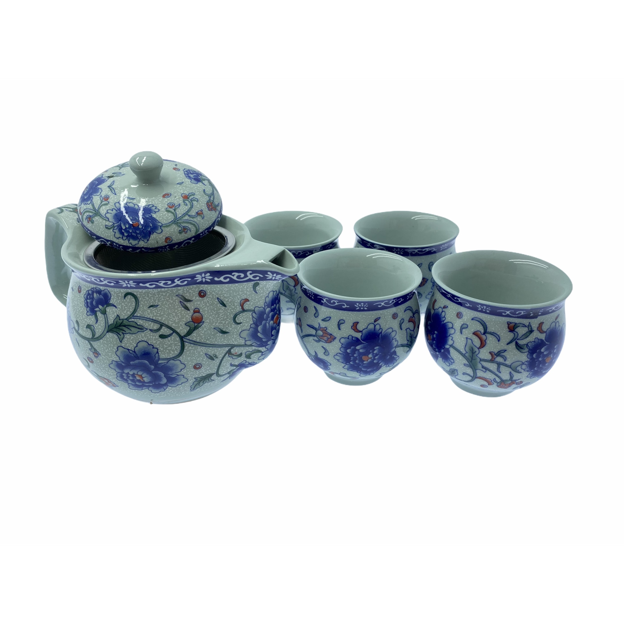 Ceainic cu 4 pahare, Atelier, Model Floral, Alb/Albastru, 0.5l