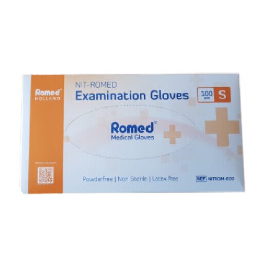 Set 100 bucati manusi de protectie, Romed Olanda, unica folosinta, nitril, nepudrate, albastru, S