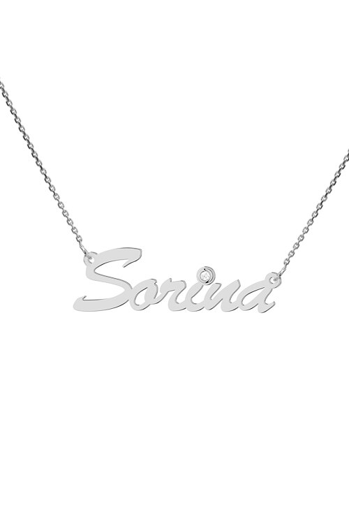 Colier aur alb 14K, Coriolan, nume Sorina, diamant 0.01 carate GVS1, 42-45 cm