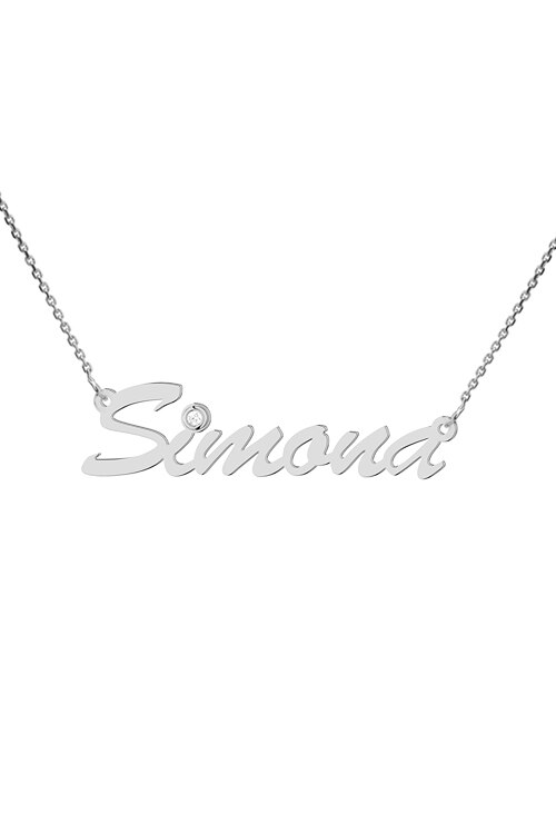 Colier aur alb 14K, Coriolan, nume Simona, diamant 0.01 carate GVS1, 42-45 cm