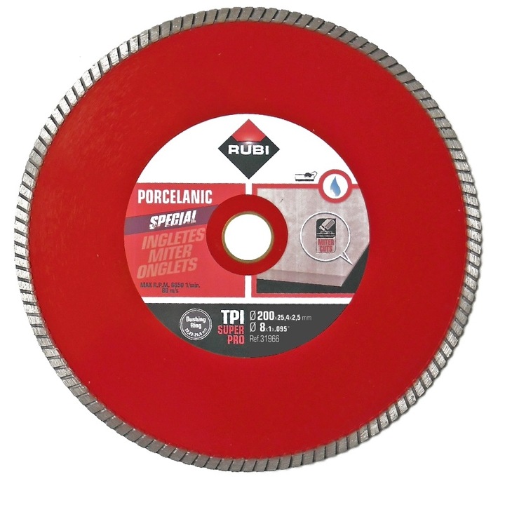 Disc diamantat pentru gresie portelanata, TPI200 SUPERPRO Rubi, diametru exterior disc 200mm, diametru interior disc 25.4mm
