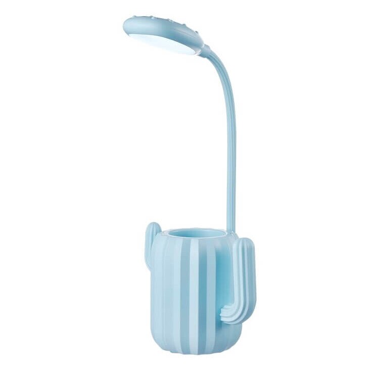 Lampa de birou pentru copii, cu suport de pixuri, LED, senzor tactil, 3 nivele de luminozitate, portabila, USB, Cactus, albastru