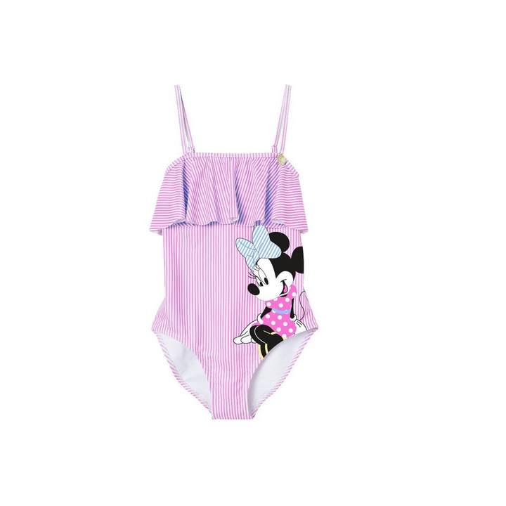 Costum de baie, intreg, Minnie Mouse Love, roz cu dungi 128 - 134 cm