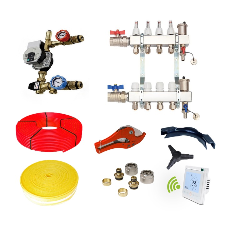 Комплект за подово отопление с термичен агент, 100 кв.м, Със смесител, WIFI