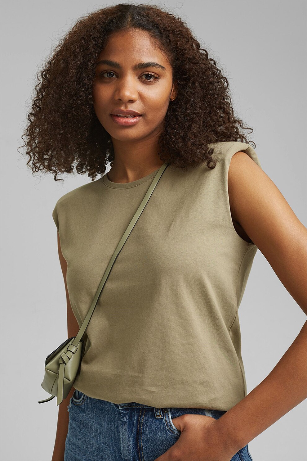 EDC by Esprit, Tricou de bumbac organic cu umeri intariti, Kaki