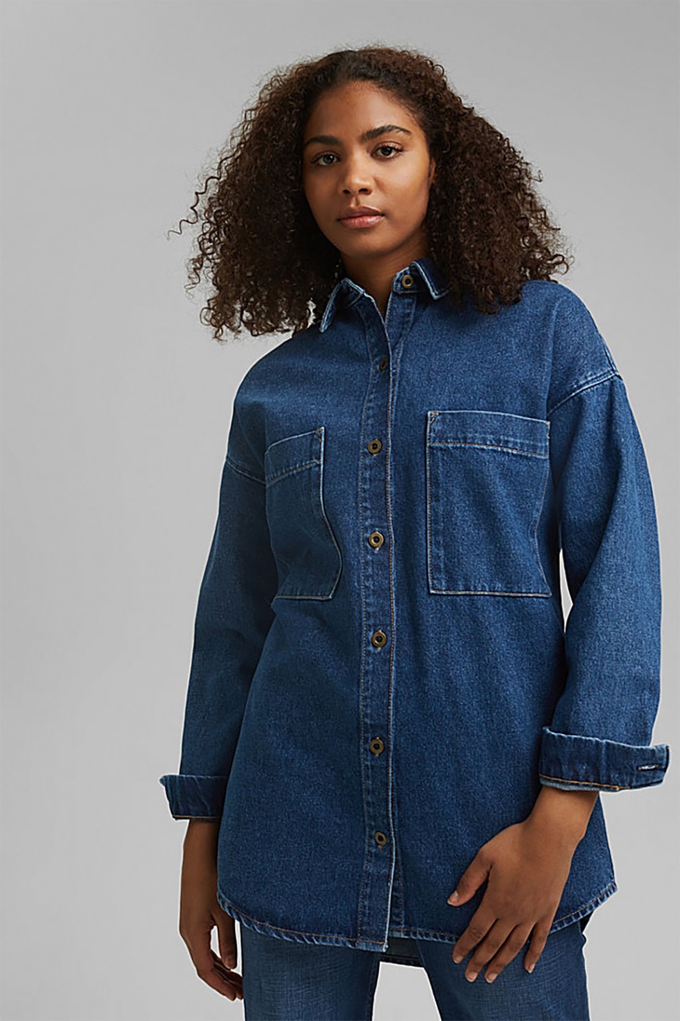 EDC by Esprit, Jacheta tip camasa din denim cu buzunare pe piept, Albastru inchis, M