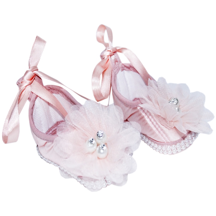 Pantofiori somon deschis cu floricica si perlute pentru botez, REC853, 3-6 luni