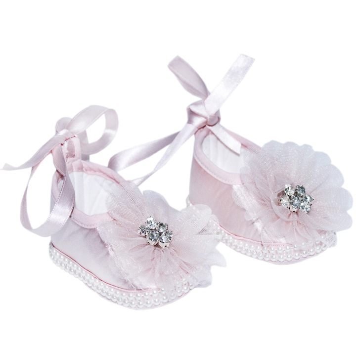 Pantofiori roz cu floricica si perlute pentru botez, REC854, 1-3 luni